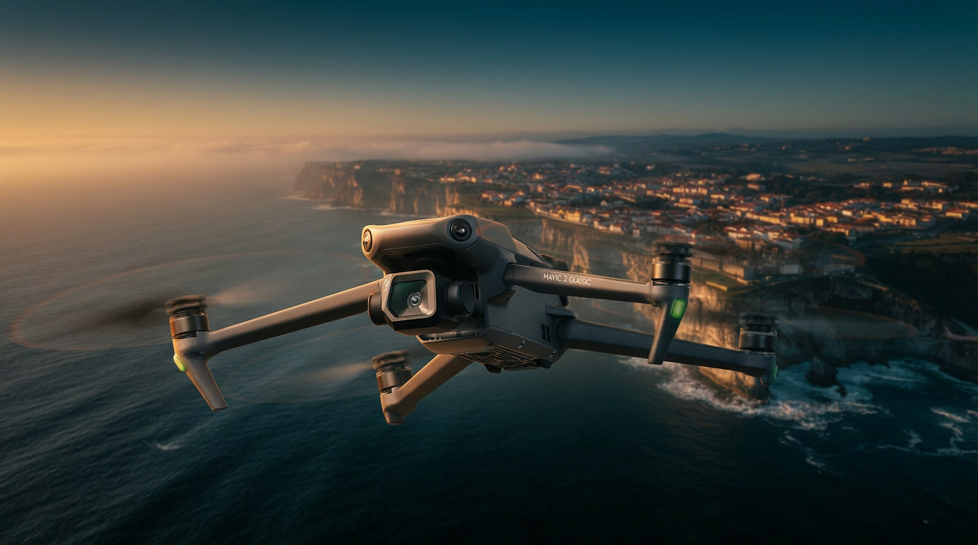 Vista aérea da costa portuguesa ao pôr do sol captada por drone